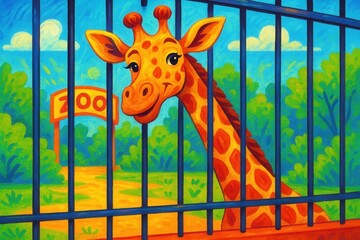 a giraffe inside a zoo cage, long neck and head peeking through the bars, playful and expressive style, bright colors, and a lively background suggesting a zoo environment