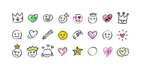 Smile doodle emoji faces in hand drawn vector doodle sketchy style. Happy, sad, crying emotional scribbles, comic elements for business design.