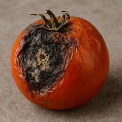 A decaying, red tomato with significant dark rot and damage.