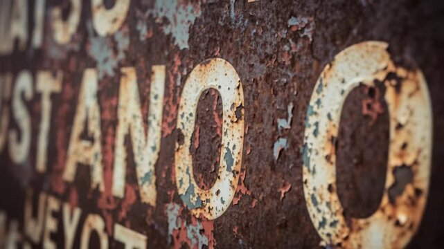 Close-up of a rusty metal sign with peeling paint and white letters, texture. Abstract weathered surface shows rust patterns.