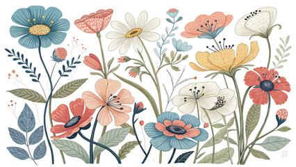 Beautiful vintage floral illustration with colorful blooming flowers and leaves isolated on transparent background