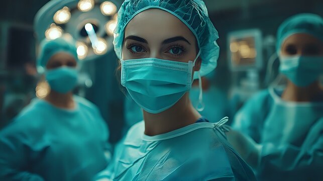 Female surgeon in protective mask and cap looking at camera with intense gaze, medical team in background, dramatic teal-toned lighting creates atmospheric operating room scene.