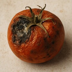 Close-up view of a decaying tomato, showing signs of rot and mold.