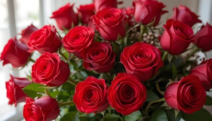 Naklejka premium Stunning Arrangement of Red Roses – Elegant Floral Display Symbolizing Love and Affection, Perfect for Weddings, Valentine’s Day, Romantic Gifts, and Floral Branding
