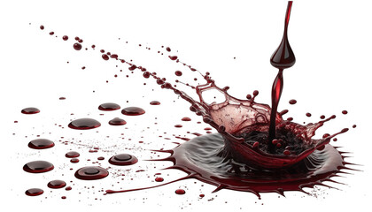 Dynamic red liquid splash with droplets and stream isolated on transparent background