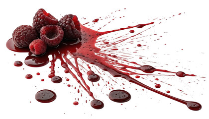 Fresh ripe raspberries splashing with juicy red juice isolated on transparent background