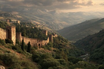 Historic castle walls stand majestic against a mountainous landscape at twilight in the countryside