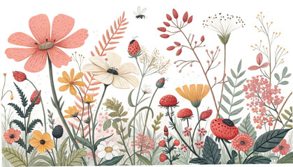 Whimsical watercolor wildflower meadow with strawberries and a bee isolated on transparent background