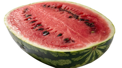 Juicy half watermelon with black seeds showing fresh red flesh isolated on transparent background