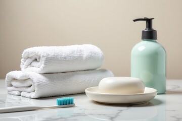 Soft towels, toothbrush, ceramic soap dish, shampoo bottle on marble , image, bathroom, detail