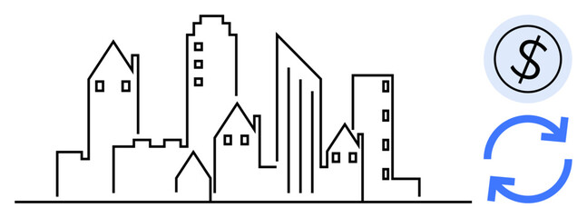 Cityscape with modern buildings, coin signifying money, and arrows implying economic circulation. Ideal for finance, real estate, urban planning, economy, sustainability, investment development