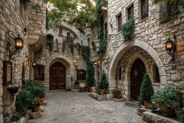 Fototapeta premium Charming stone courtyard with lush greenery creating a peaceful atmosphere in a historic village