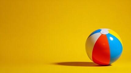 A minimal beach ball in bottom corner on bright yellow background, full copy space above