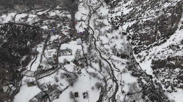Kalash Valley at Winter, Village of Rumbur, Batrik, Brumboret, Aerial Shot. Kalash People Culture, Chitral, Pakistan.