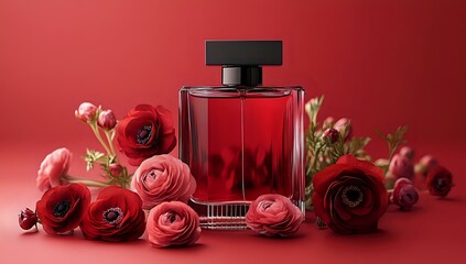 Luxury red perfume bottle surrounded by fresh roses and delicate buds on red background, elegant fragrance composition for cosmetic and beauty advertising.