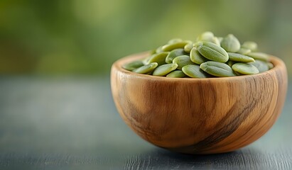 Green pumpkin seeds in wooden bowl on dark table with blurred background, healthy organic snack for vegetarian nutrition and natural food concept.