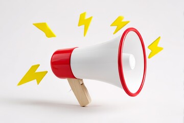 Red and white megaphone with yellow lightning bolts isolated on white background
