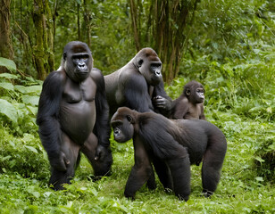 Naklejka premium A family of mountain gorillas with a baby gorilla and a silverback posing for a picture in Rwanda. The natural life of an animal in a green forest.