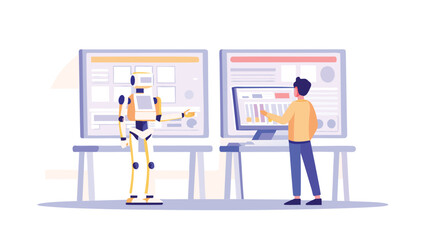 Fototapeta premium Illustration showing a robot and a person standing in front of computer screens on tables indoors