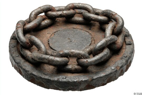 Heavy metal anchor chain resting on a round base in a shipyard setting during midday light