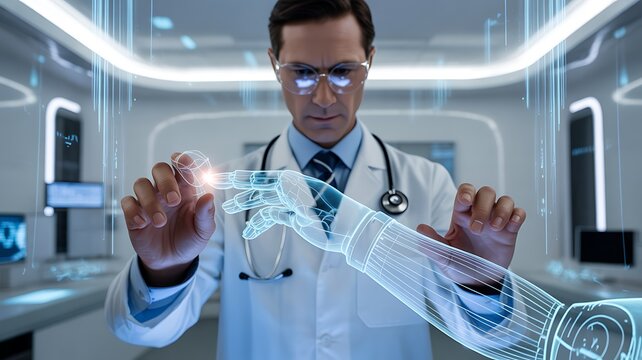Young female doctor examines digital X-ray on a computer screen in a modern hospital, blending medicine with future technology and compassionate healthcare