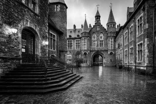 Serene courtyard of an ancient stone castle in black and white during a cloudy day - Powered by Adobe