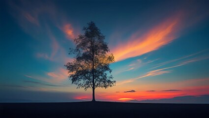 Fototapeta premium Lone Tree Sunset: Vibrant Sky Over a Tranquil Landscape