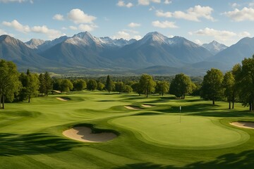 Scenic Mountain View Over Lush Green Golf Course Landscape