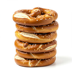 Stack of Golden Soft Pretzels Sprinkled with Coarse Salt, Isolated on White.