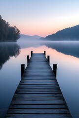 A Tranquil Lakeside at Dawn, with Perfectly Still Water Reflecting Pastel Colors