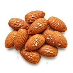 Handful of Roasted Almonds Sprinkled with Sea Salt, Isolated on White Background.