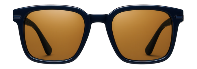 Square polarized sunglasses with navy blue frames and polarized amber lenses
