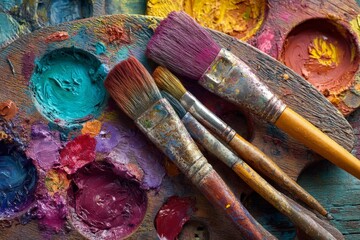 Fototapeta premium Artistic tools arranged on a wooden palette with vibrant paints in an artist's studio setting