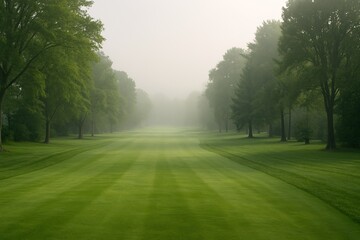 Obraz premium Calm Foggy Morning on a Golf Fairway Surrounded by Lush Trees