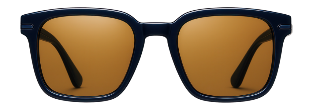 Square polarized sunglasses with navy blue frames and polarized amber lenses