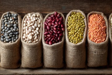 Diverse selection of legumes and pulses in burlap sacks on rustic wooden background