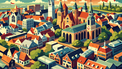 City center aerial of Dutch town Utrecht showing the historic buildings surrounding De Dom cathedral church tower and ambulatory in The Netherlands