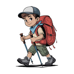 Young boy with backpack and hiking poles enjoys an outdoor adventure