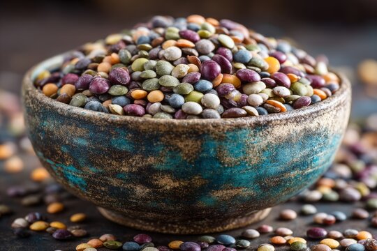 Colorful lentils in a decorative bowl on a dark surface displaying various textures and colors during a culinary setup in a kitchen environment