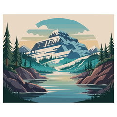 Stylized mountain lake landscape with evergreen trees and snow capped peak