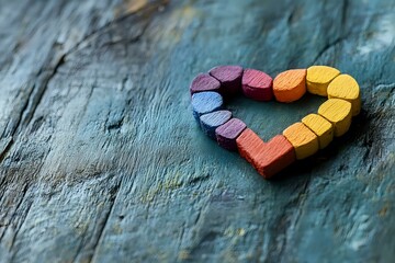 Colorful wooden blocks arranged in heart shape on rustic blue textured background. Rainbow gradient from purple to yellow creates romantic symbol of love.
