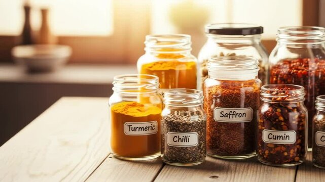 Variety of colorful spices like turmeric, cumin, saffron and chili in glass jars.