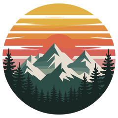 Retro sunset over snowy mountains and pine forest circle