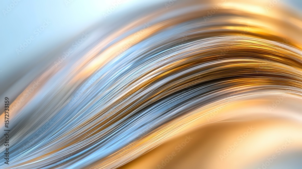 Poster smooth flowing curves in gold and blue create dynamic abstract background with soft gradient transit