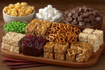 Fototapeta premium Delicious spread of snacks featuring popcorn, candy, and sweet treats perfect for gatherings at any time of day