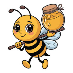 Cute cartoon bee carrying a jar of honey on a stick