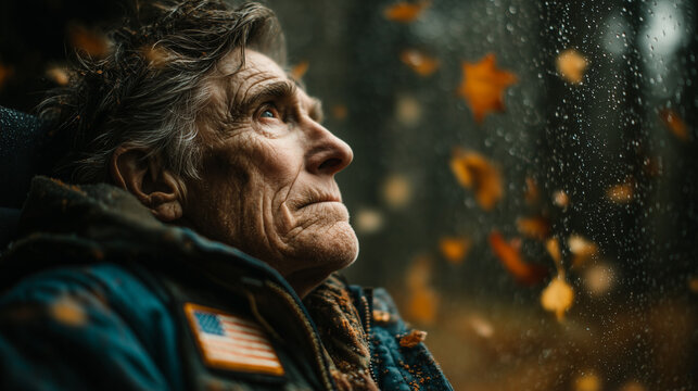 Veteran portrait of elderly man looking up on rainy day with falling leaves