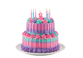 A colorful twotiered birthday cake with candles and the number eight on top sits isolated isolated on transparent background