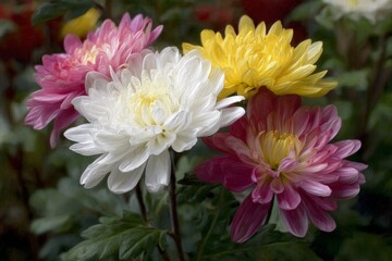 Obraz premium Colorful collection of chrysanthemums in a garden during spring bloom
