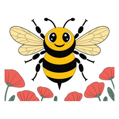 Cute cartoon bee flying over red poppies in a field